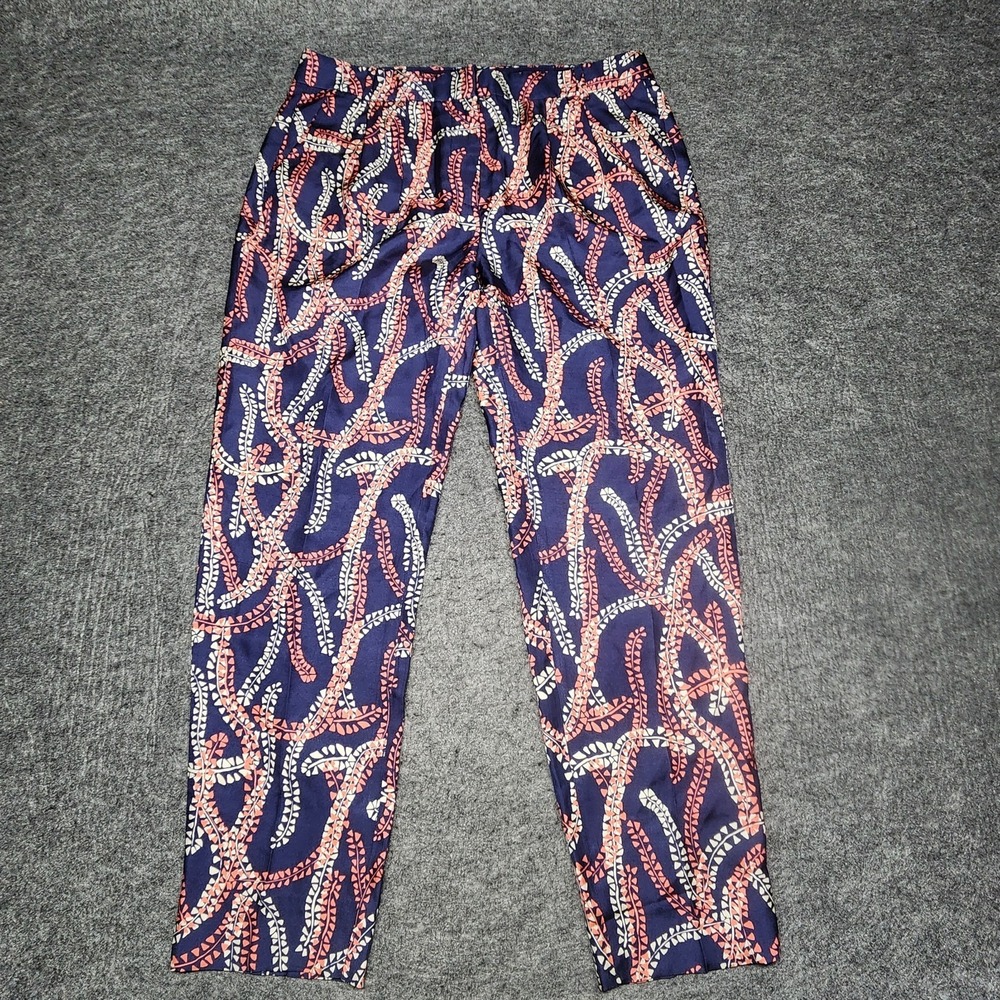 J Crew Womens Silk Dress Pants Abstract Navy Blue Pink White Pleated Ankle 4 NWT